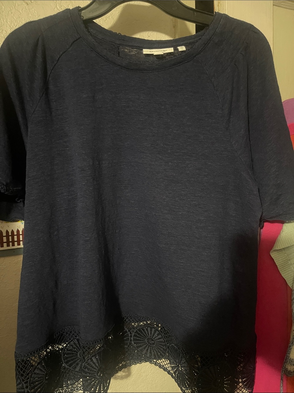 Chico’s Women's Navy Lace-Hem Short Sleeve Top